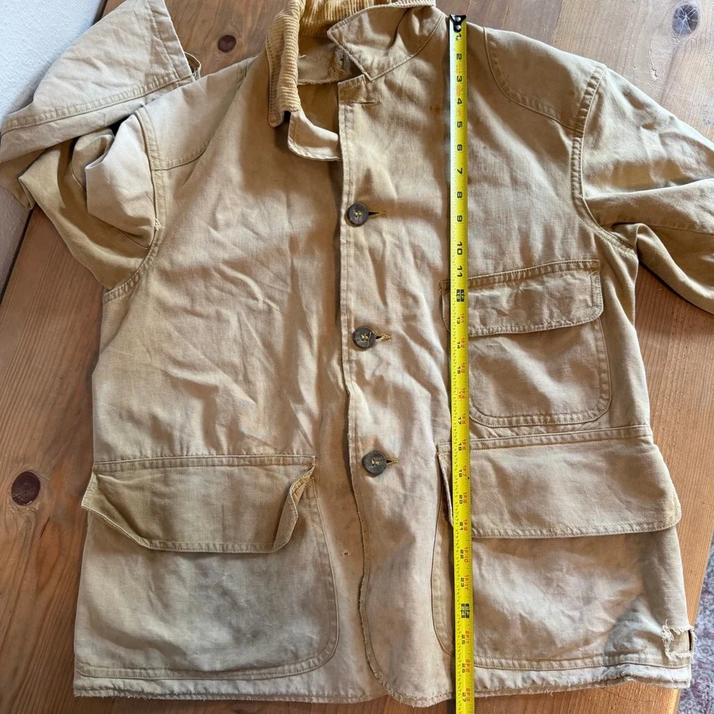 Vintage French Chore Jacket Size Medium 22x27 Corduroy Collar Distressed Hunting